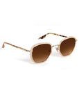 geometric sunglasses with a light beige acetate frame, thin gold metal rims, and brown gradient lenses, shown on a white background.