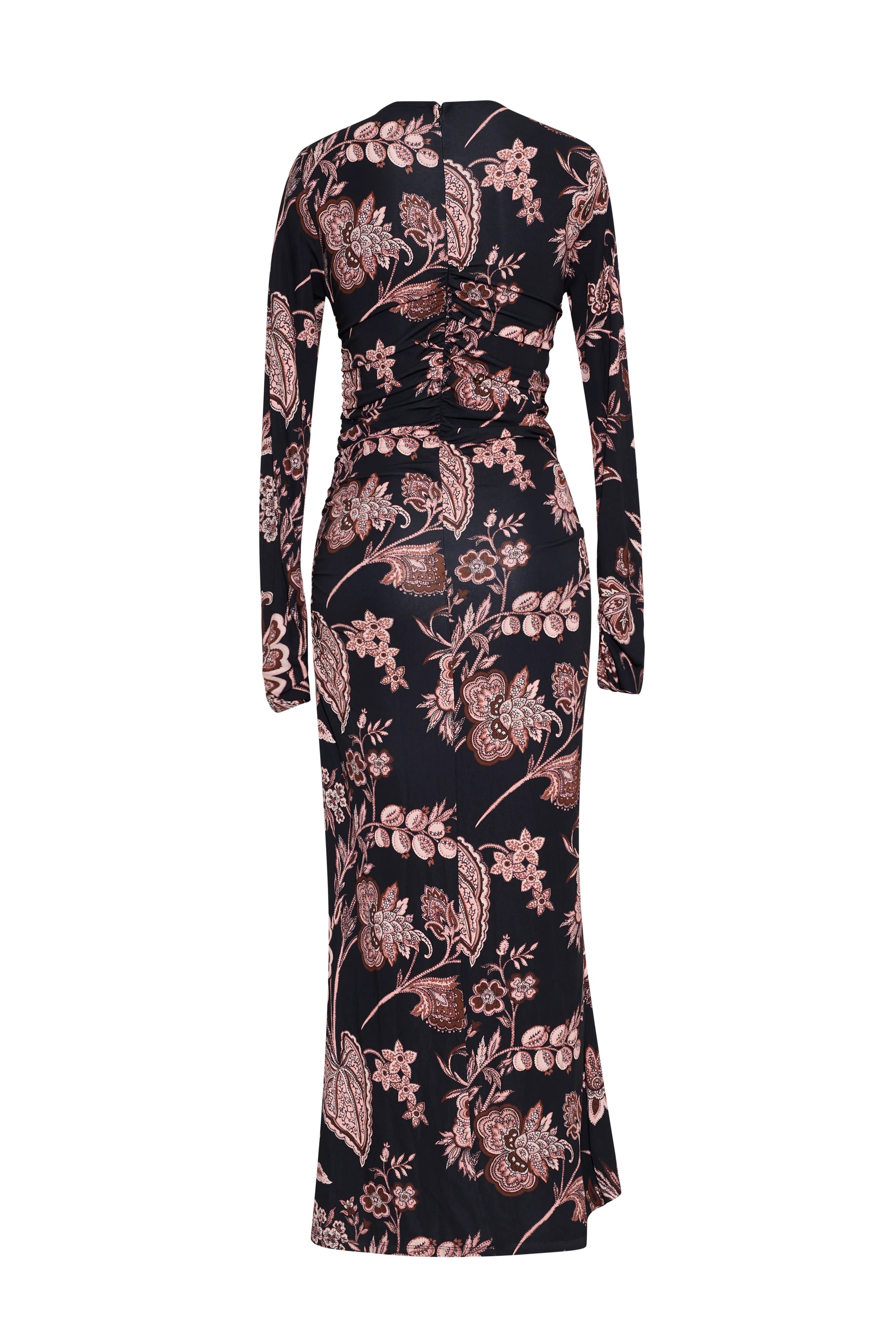 A long-sleeved maxi dress with a dark base and an intricate floral and botanical pattern in dusty pink and mauve tones, shown from the back against a plain white background.