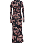 A long-sleeved maxi dress with a dark base and an intricate floral and botanical pattern in dusty pink and mauve tones, shown from the back against a plain white background.