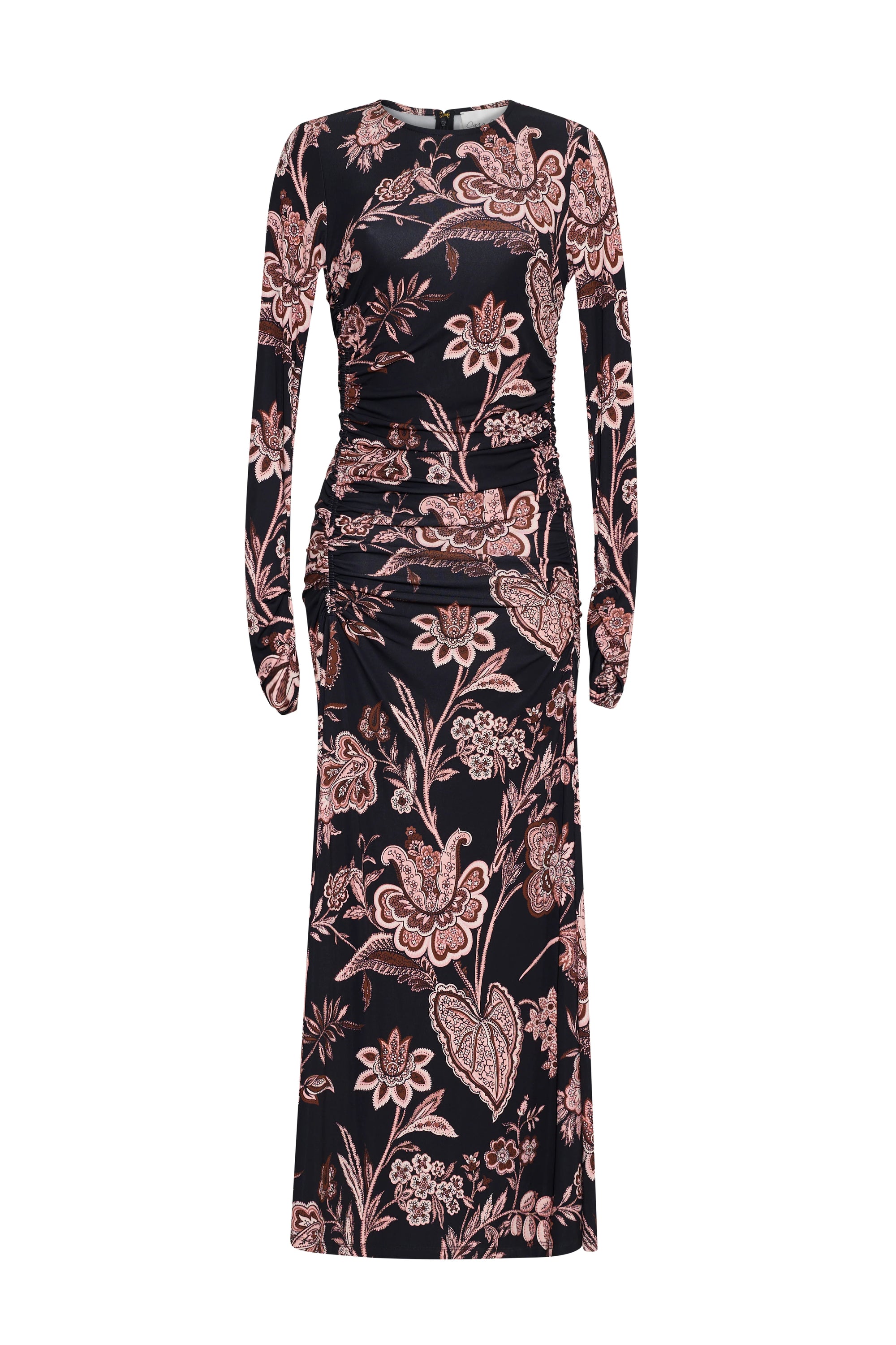 A long-sleeved floor-length dress with a black base and an intricate floral and butterfly pattern in dusty pink and rose gold, shown against a plain white background.