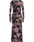 A long-sleeved floor-length dress with a black base and an intricate floral and butterfly pattern in dusty pink and rose gold, shown against a plain white background.