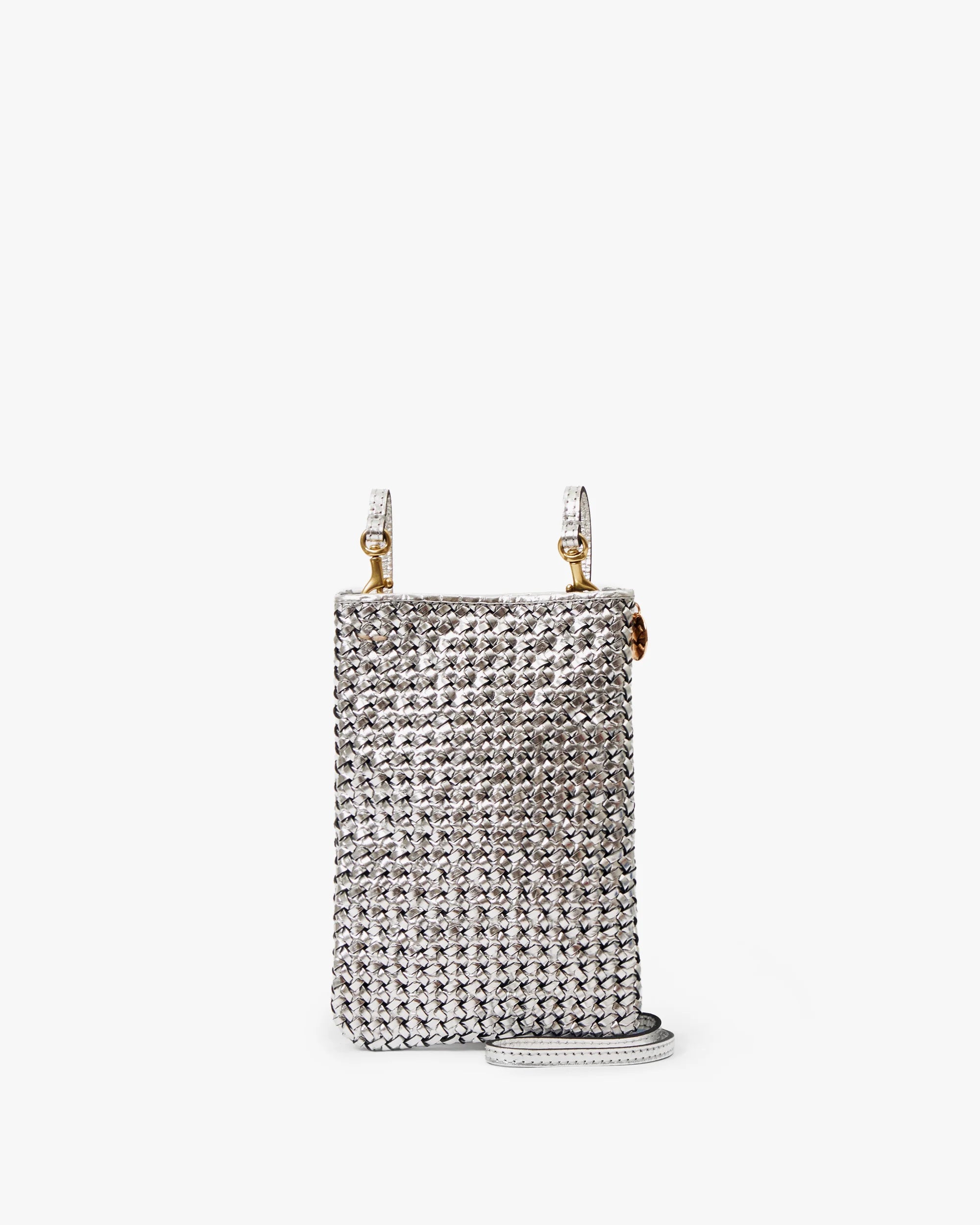Silver textured handbag on a white background