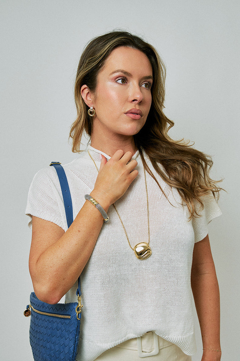 Gina 1" Earrings Two Tone on model with Rue Pendant Necklace