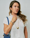 Gina 1" Earrings Two Tone on model with Rue Pendant Necklace
