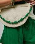 Grande Fanny Woven Checker Cream close up with green sardine strap