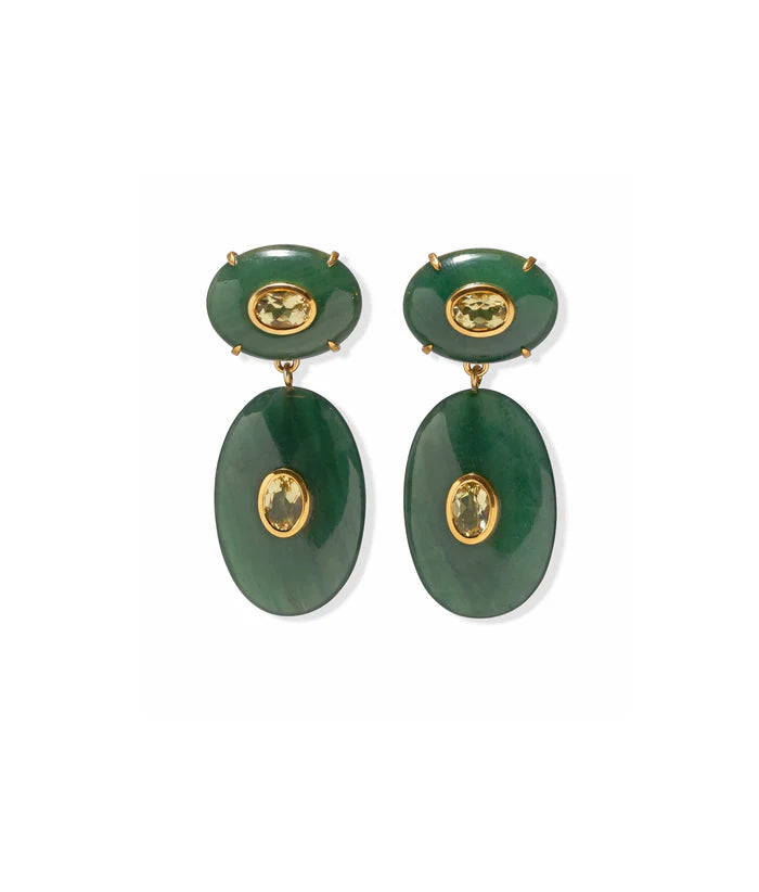 Pair of green earrings with gold accents on a white background