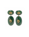 Pair of green earrings with gold accents on a white background
