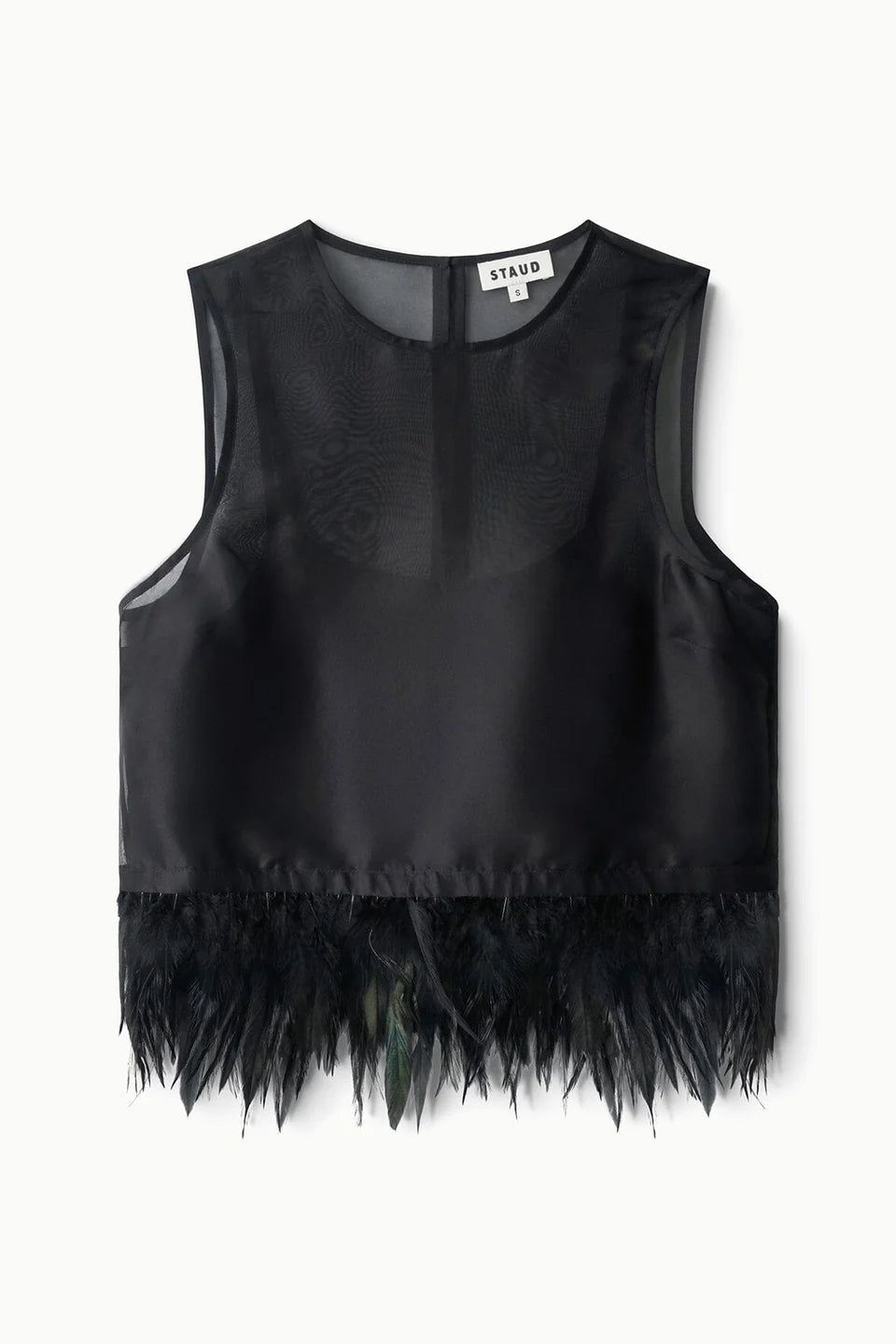 A black sleeveless top by STAKI, featuring a sheer mesh yoke, a smooth satin-like black body, and a voluminous black feather fringe hem, shown flat against a white background.
