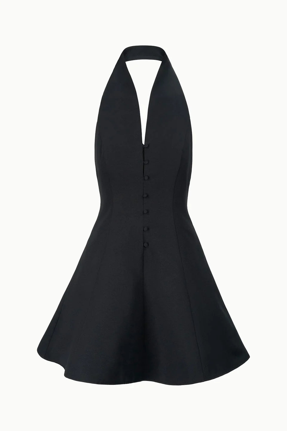 A black halter-neck dress with a deep V-neckline, a button-down front, and a flared skirt, shown against a plain white background.