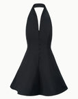 A black halter-neck dress with a deep V-neckline, a button-down front, and a flared skirt, shown against a plain white background.