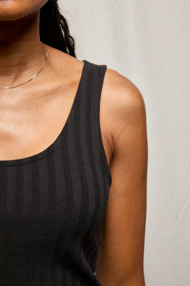 Rae Poorboy Rib Tank in Black shoulder detail