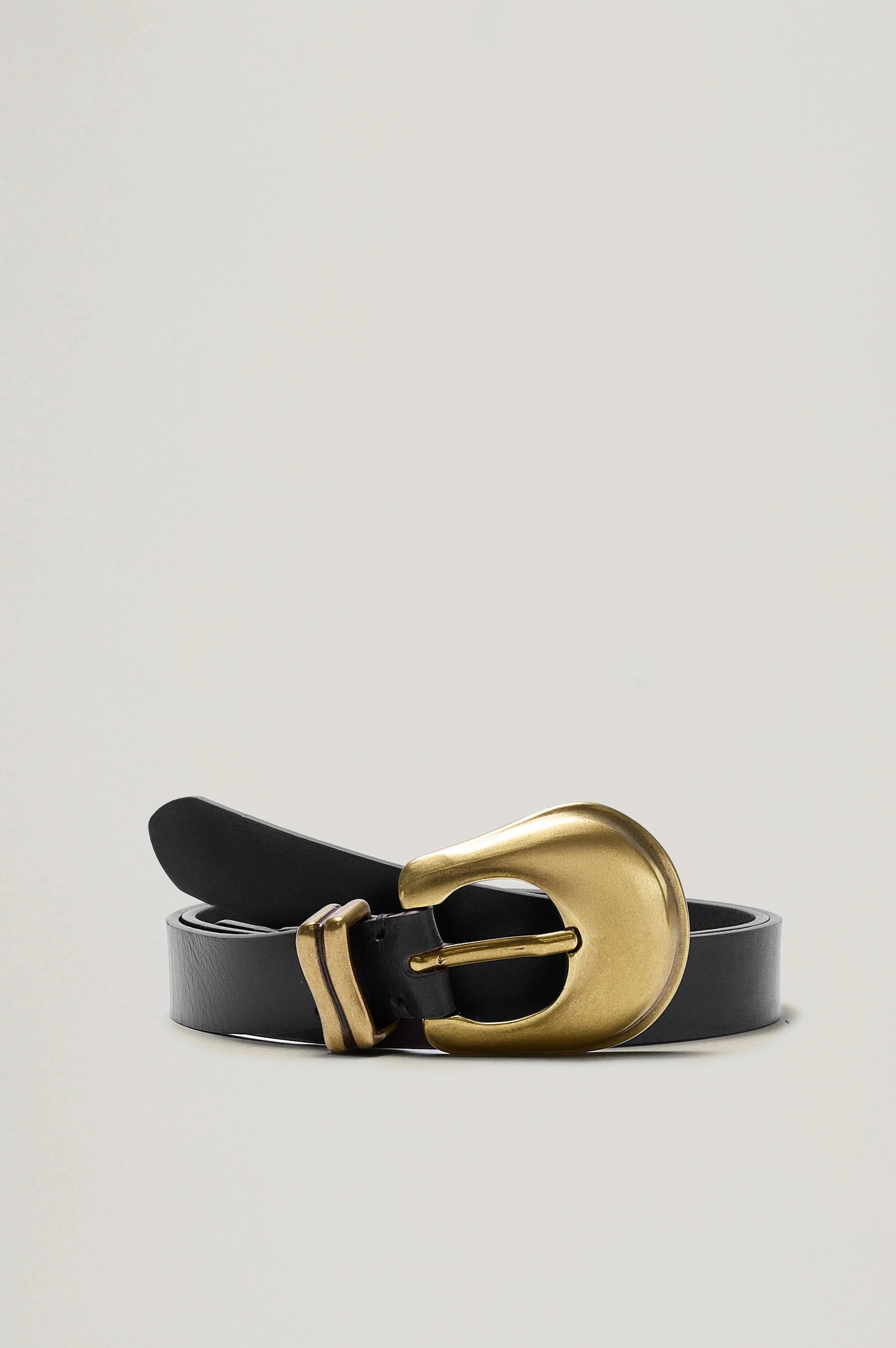 Black belt with a gold buckle on a light gray background