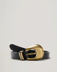 Black belt with a gold buckle on a light gray background