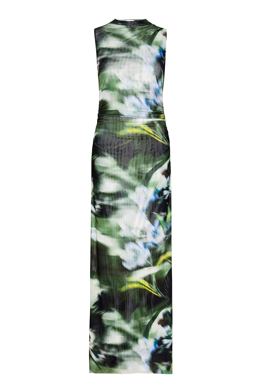 Floral and abstract patterned dress on a white background