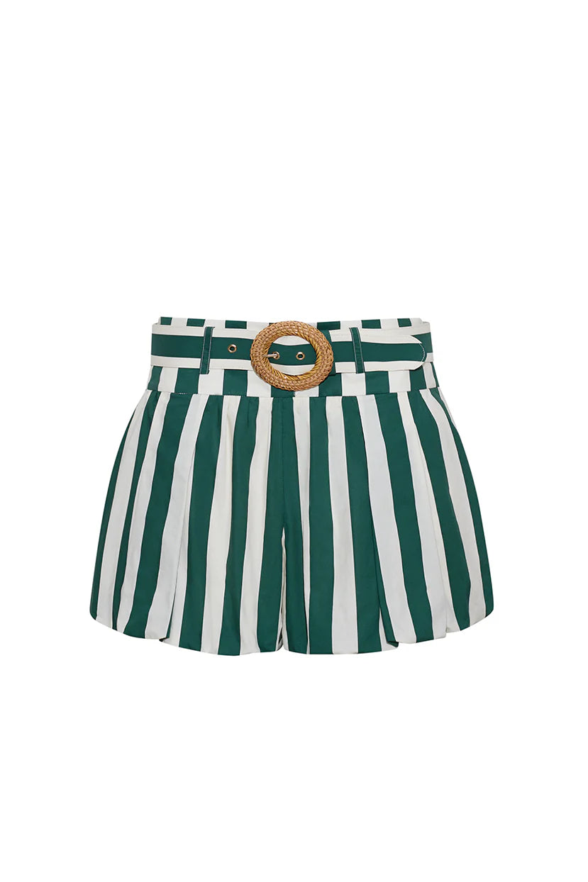 Green and white striped shorts with a raffia belt buckle on a white background