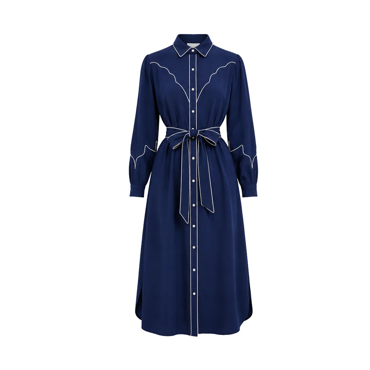 A navy blue long-sleeve midi dress with white contrast stitching, a pointed collar, and a matching self-tie belt at the waist, shown against a plain white background.