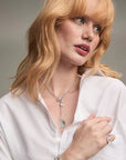 Rolo Chain Lariat Necklace in Silver front view on model with charms attached