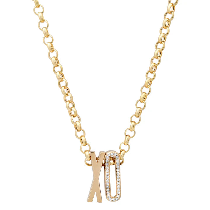 Gold necklace with 'XO' pendant on a white background