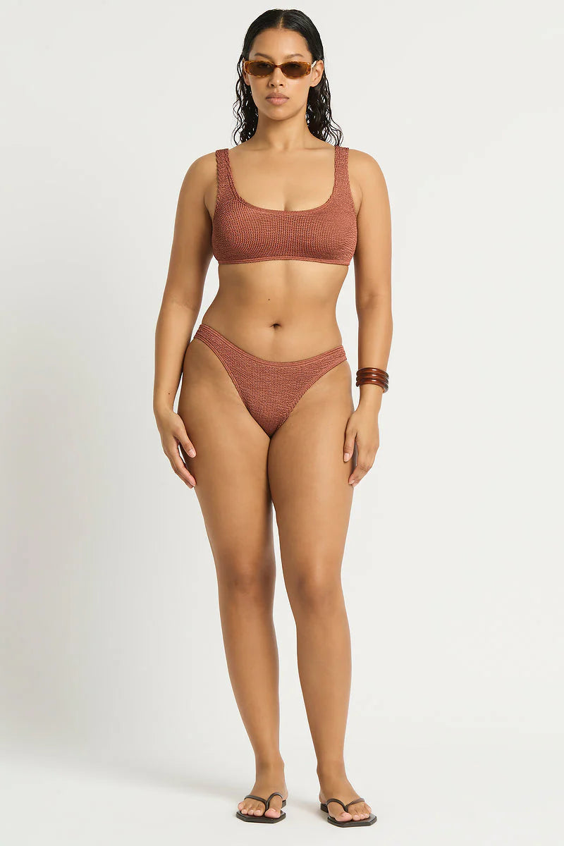 Model size M wearing Malibu 2.0 Crop in Fawn Shimmer and Sign Brief in Fawn Shimmer, front
