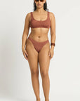 Model size M wearing Malibu 2.0 Crop in Fawn Shimmer and Sign Brief in Fawn Shimmer, front