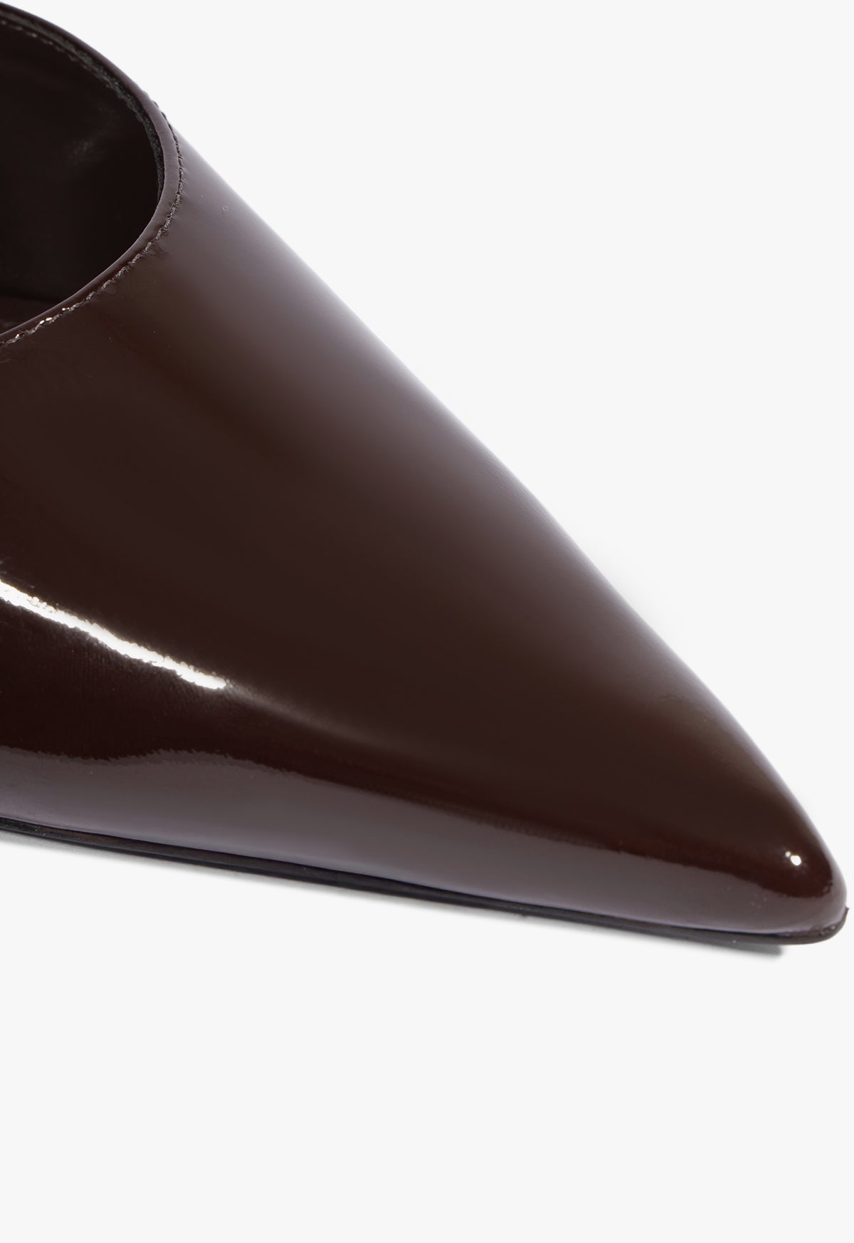 Close-up of a glossy dark brown pointed-toe shoe on a clean white background.