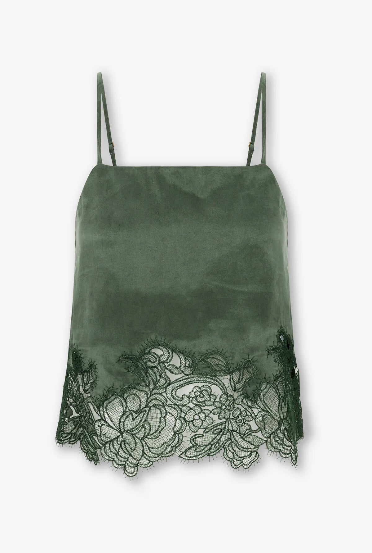 An olive green camisole top with thin straps and a floral lace hem, displayed against a light gray background.