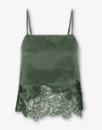 An olive green camisole top with thin straps and a floral lace hem, displayed against a light gray background.