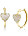 Gold heart-shaped earrings with a white center and diamond accents on a white background