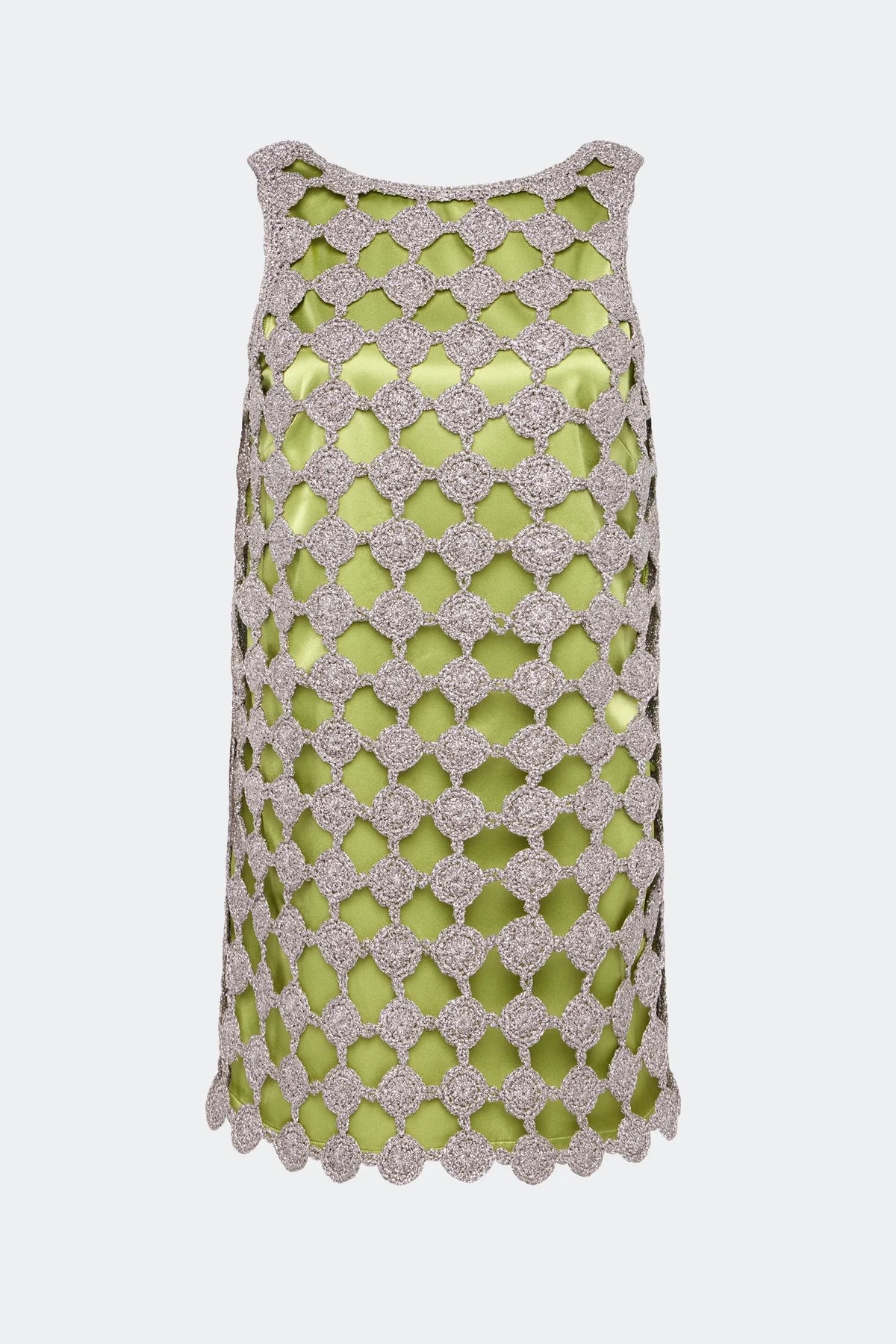 A sleeveless green dress featuring a textured, open-knit crochet pattern with a scalloped edge in a light gray.