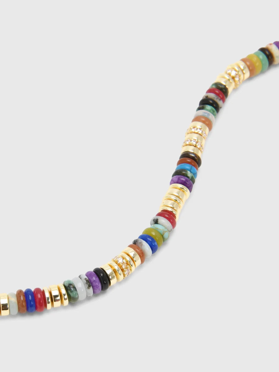 A close-up of a beaded strand, featuring a mix of colorful stone discs and textured gold spacer beads, set against a solid light gray background.
