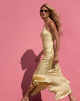 Gabriella Midi Dress side view, model walking