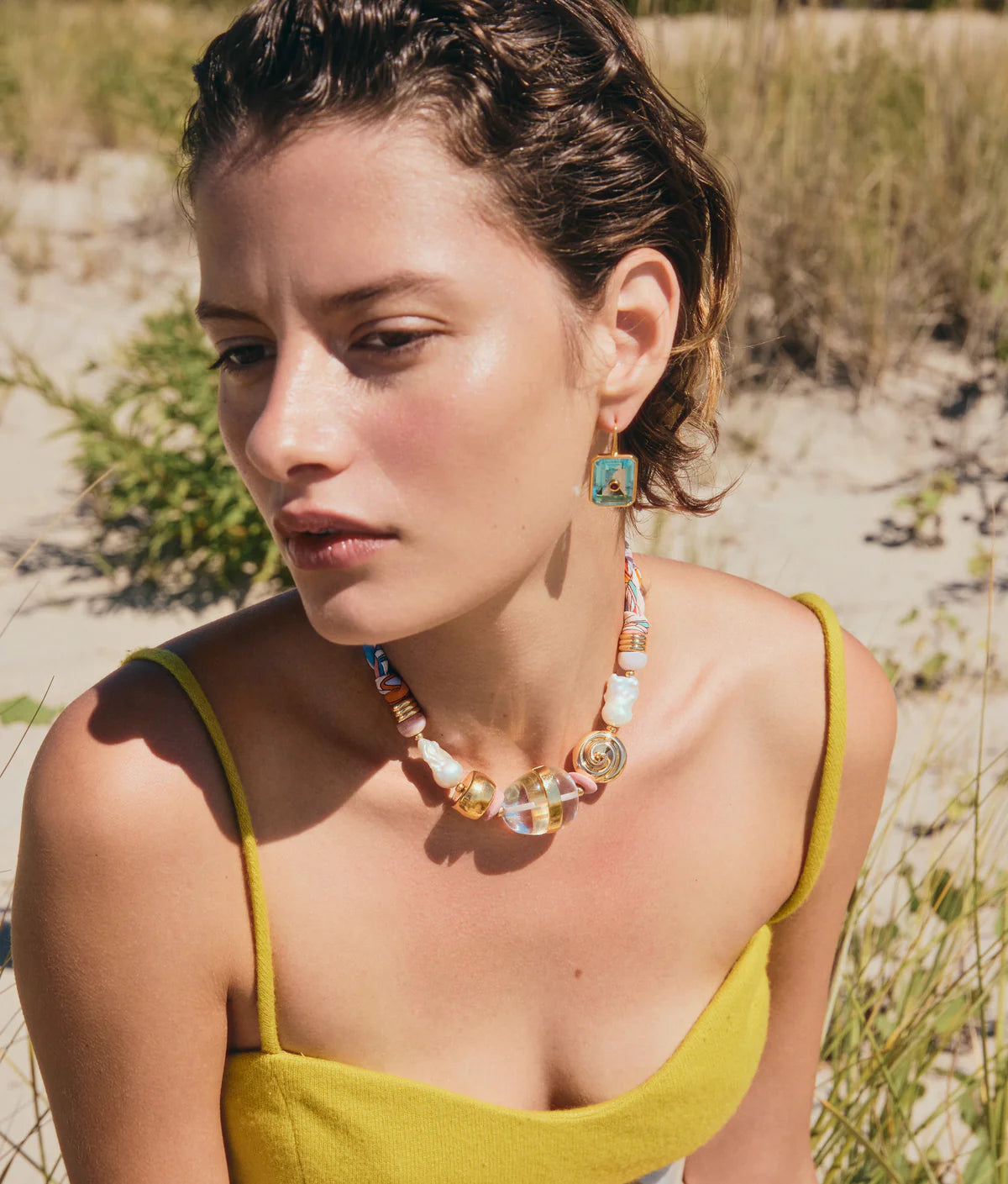 Glass Beach Necklace Majorca with yellow top and blue earrings