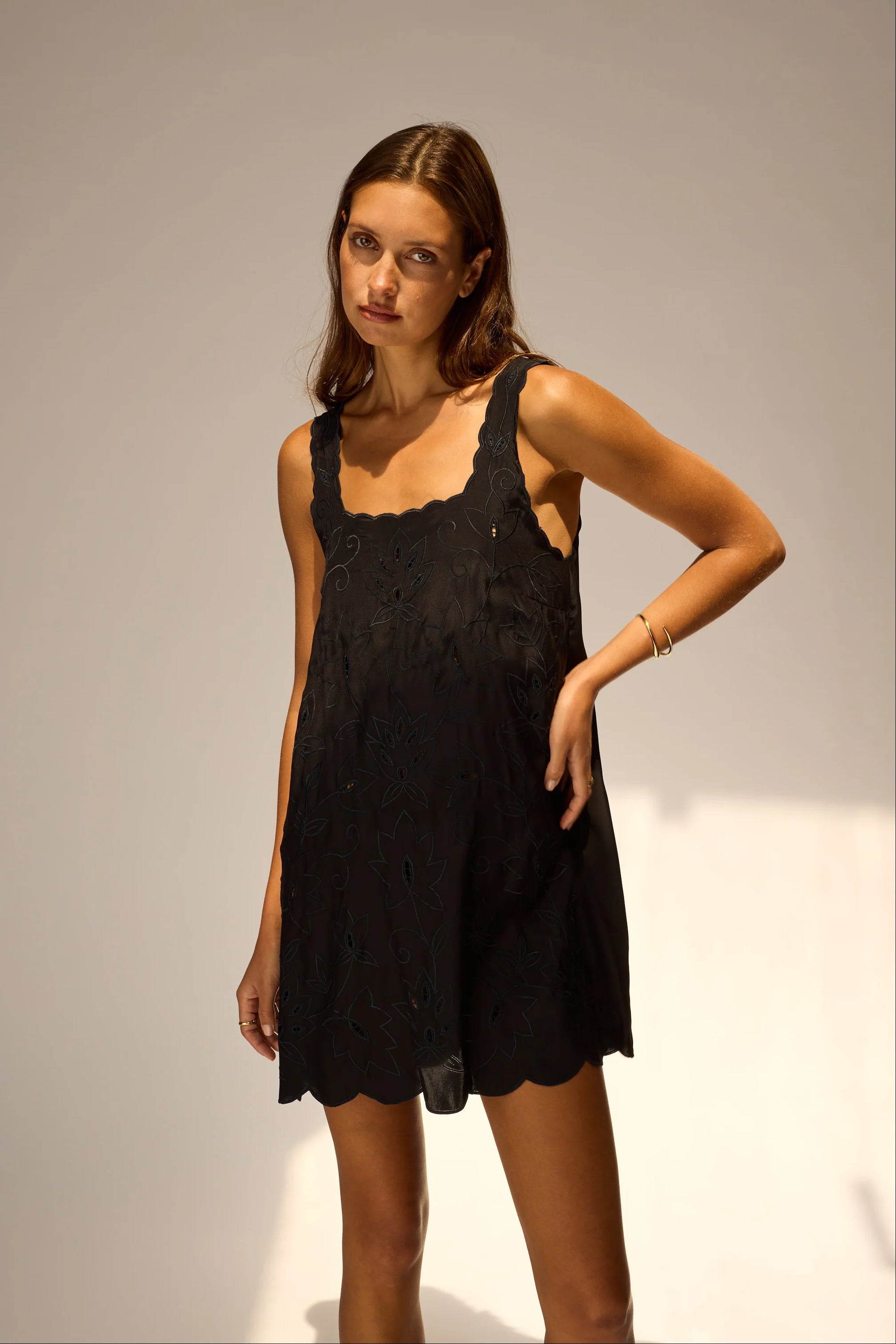 Nadia Dress front view of model in front of white wall