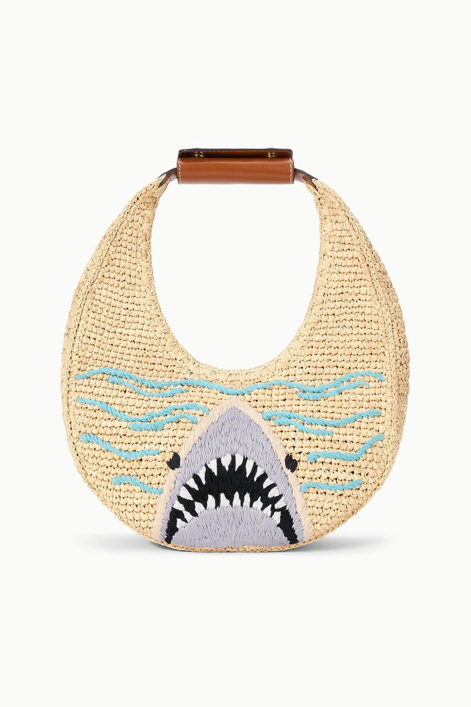 Woven handbag with shark design on a white background