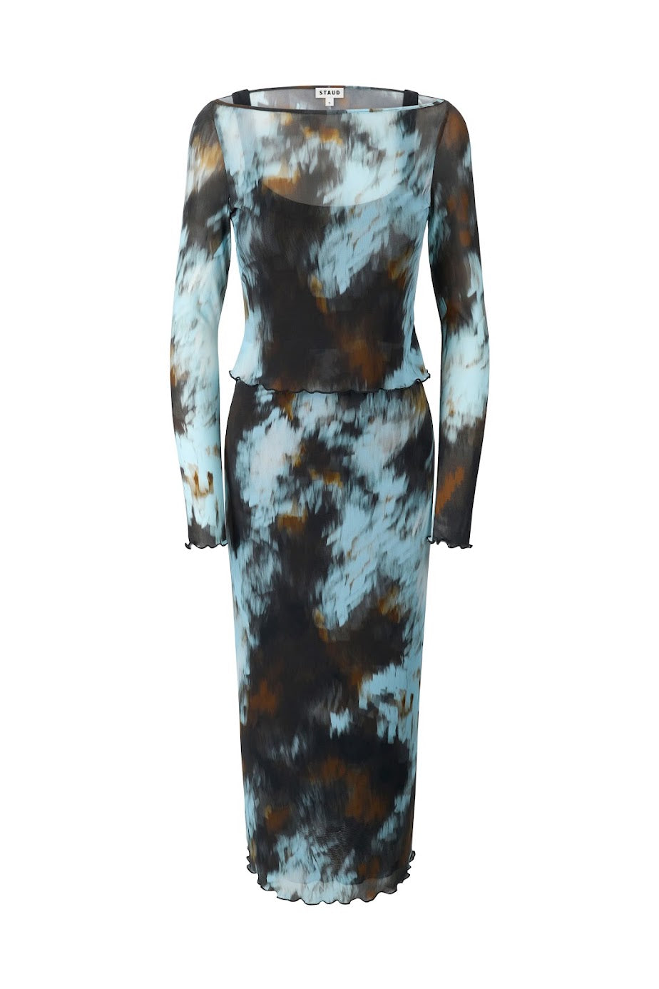 A long-sleeve midi dress with a wide boat neckline, featuring a textured abstract tie-dye pattern in light blue, black, and brown, shown against a plain white background.
