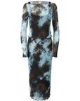 A long-sleeve midi dress with a wide boat neckline, featuring a textured abstract tie-dye pattern in light blue, black, and brown, shown against a plain white background.