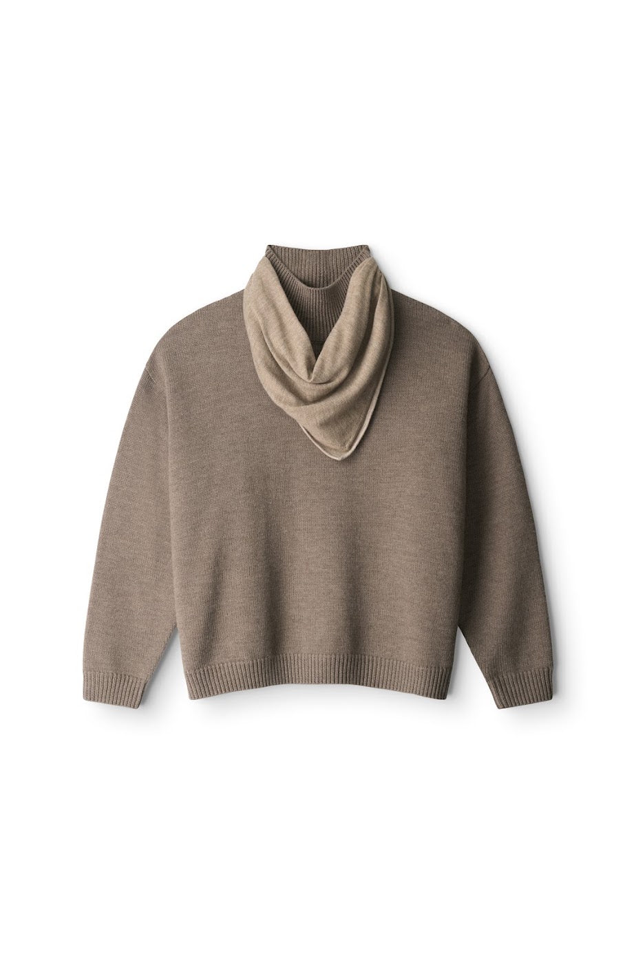 A taupe brown knit sweater with a cowl neck, displayed flat against a solid white background.