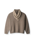 A taupe brown knit sweater with a cowl neck, displayed flat against a solid white background.