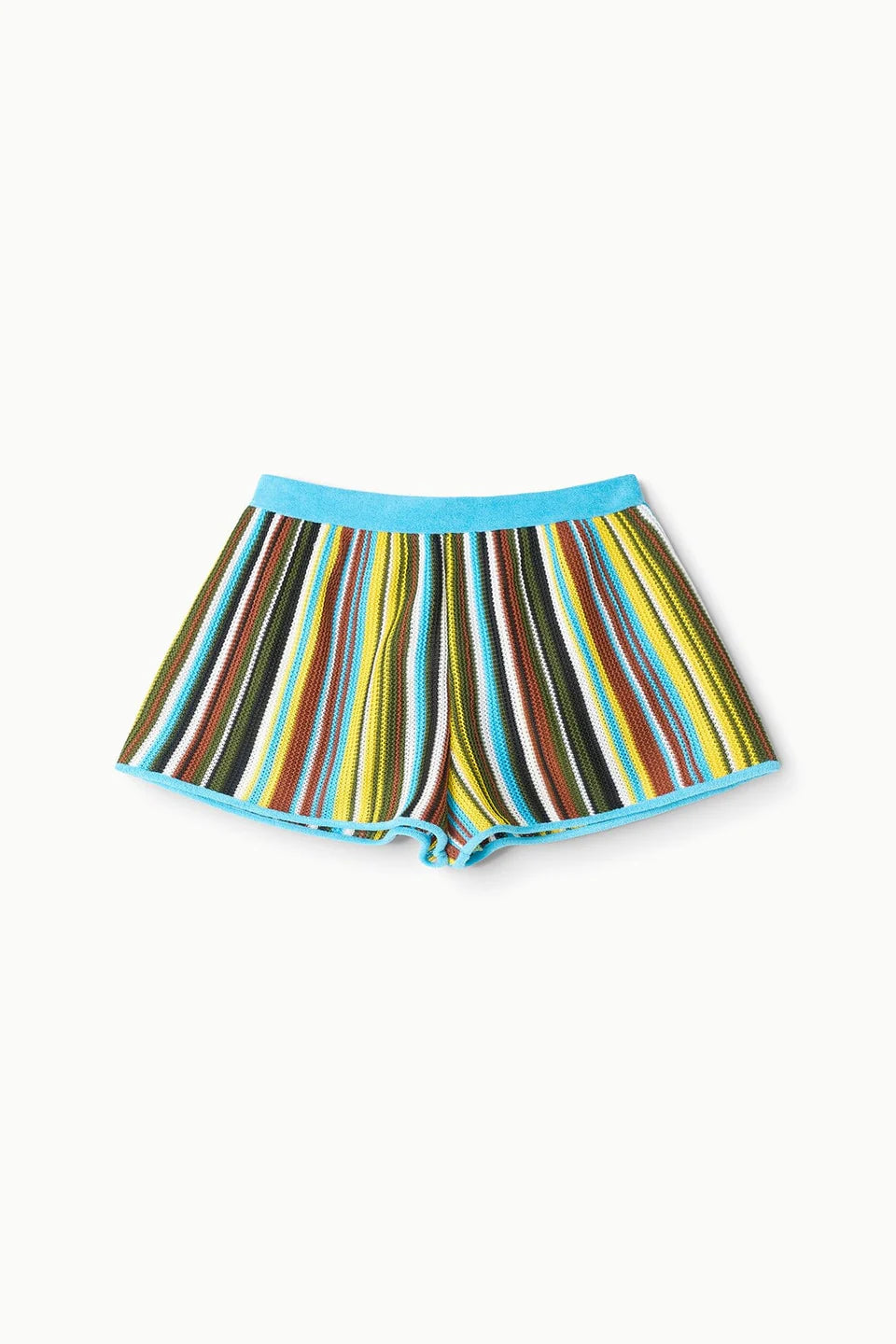 Colorful striped shorts with a blue waistband on a white background