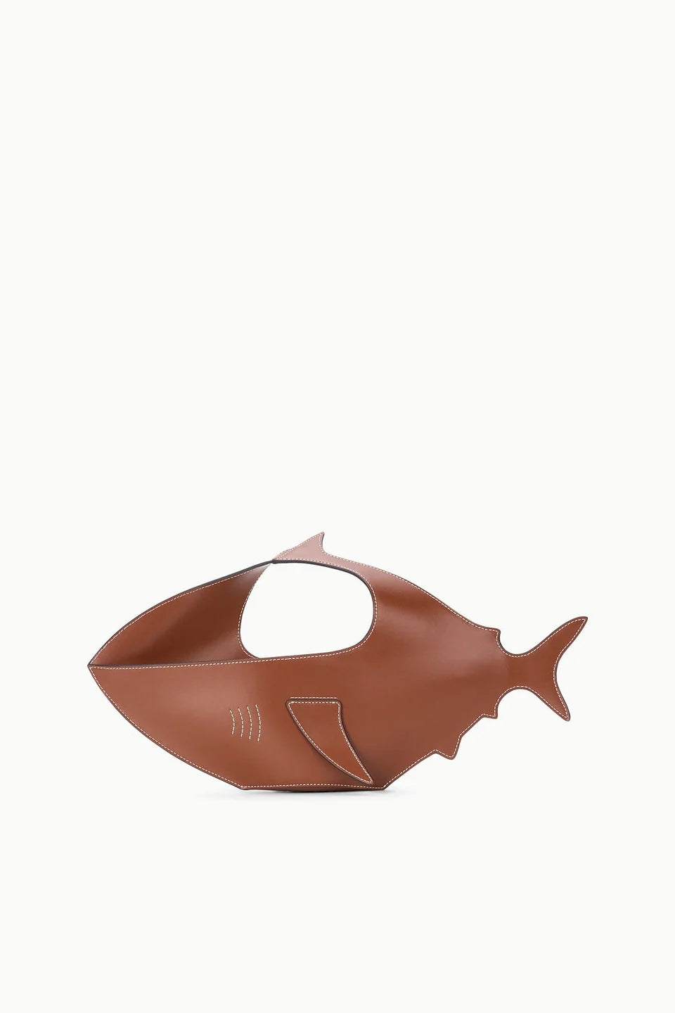 Brown shark-shaped handbag on a white background