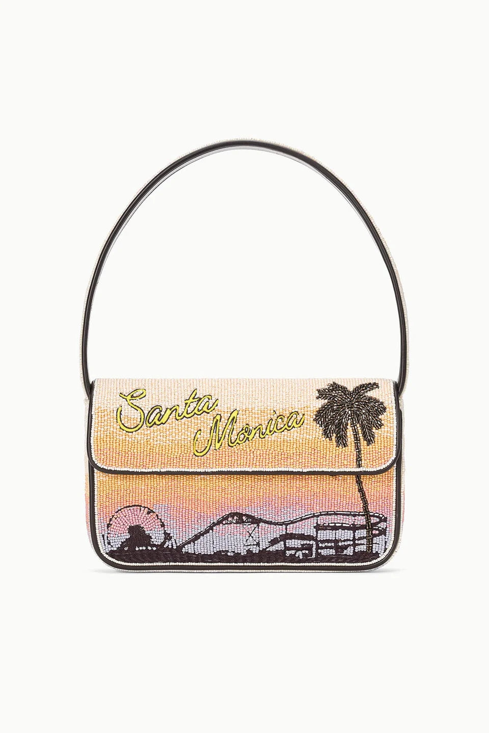 Handbag with 'Santa Monica' and beach scene design on a white background