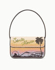 Handbag with 'Santa Monica' and beach scene design on a white background