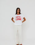 Hotel De La Lune Ringer Tee full body front view on model posing with hands behind her back