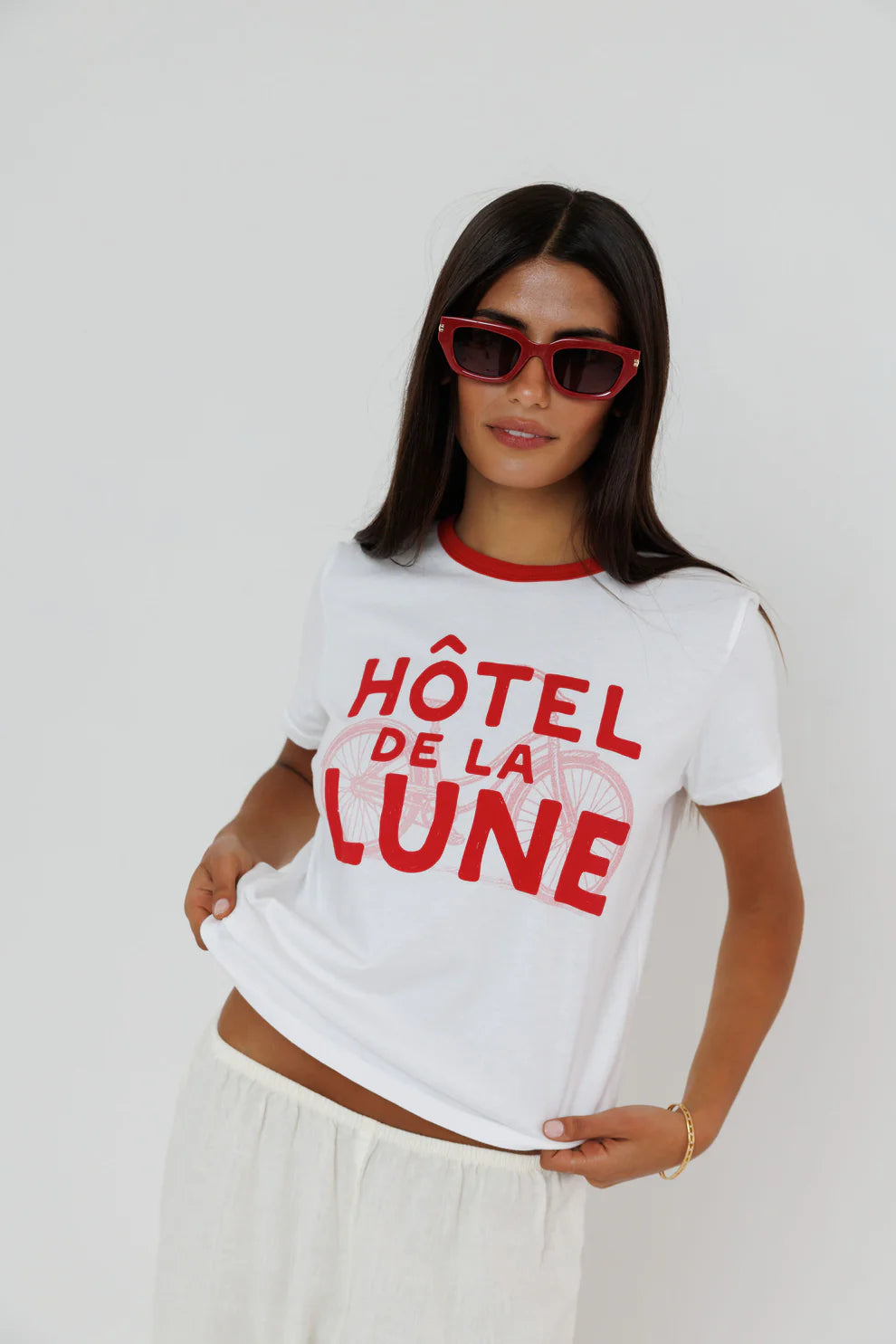 Hotel De La Lune Ringer Tee close up front view on model