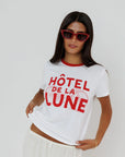 Hotel De La Lune Ringer Tee close up front view on model