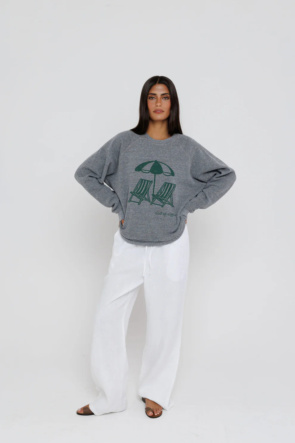 Out of Office Raglan Sweatshirt full body front view on model