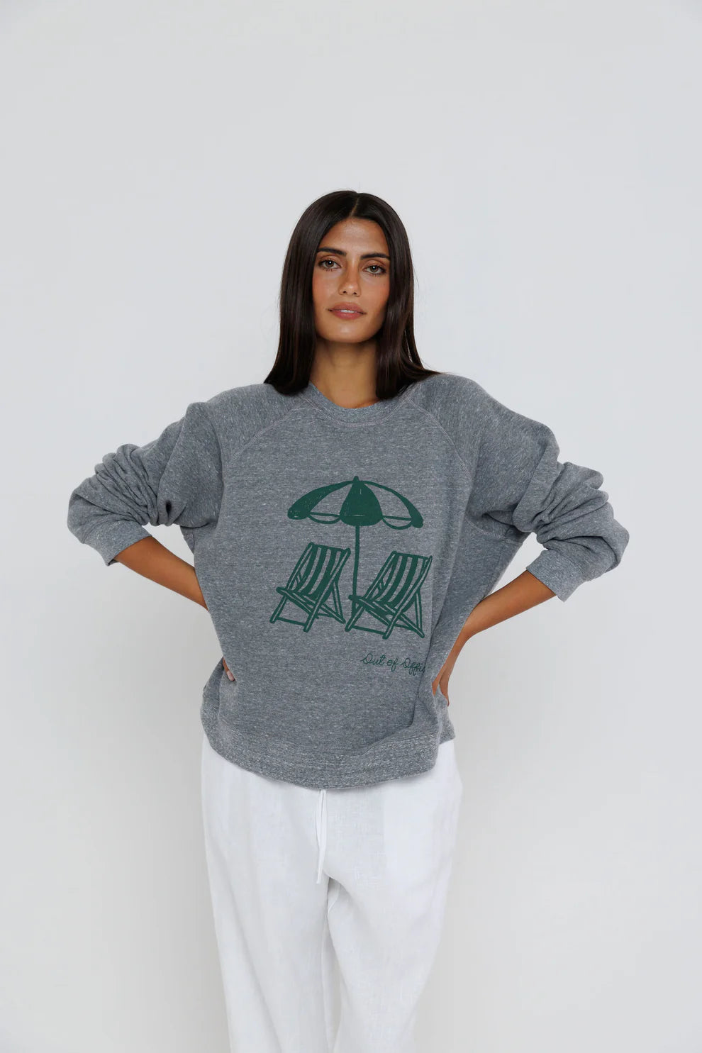 Out of Office Raglan Sweatshirt close up front view on model with hands on hips