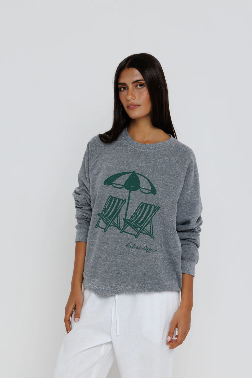Out of Office Raglan Sweatshirt close up front view on model with hands to her side
