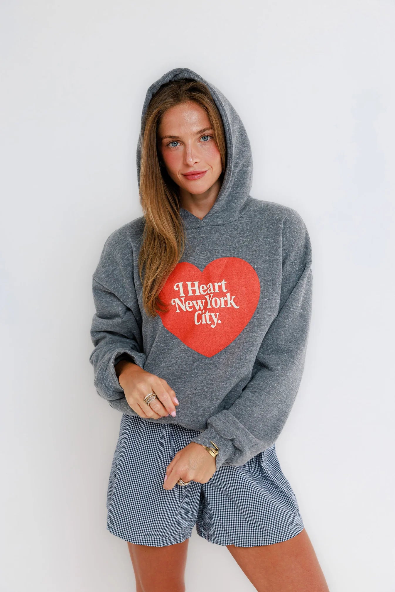 NYC Heart Classic Hoodie front view, hood up