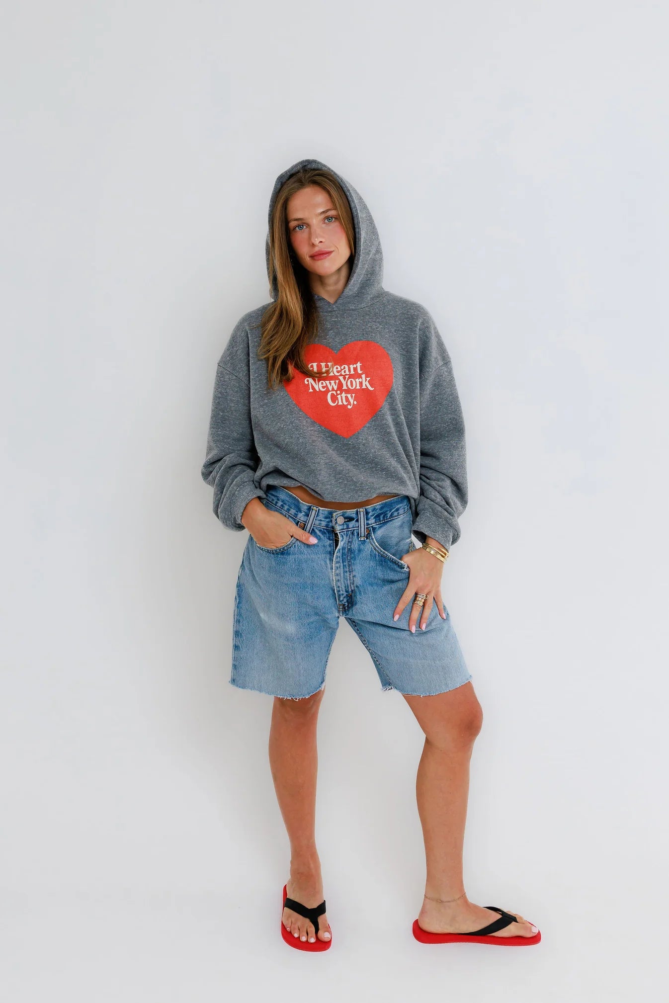 NYC Heart Classic Hoodie full body front, hood up